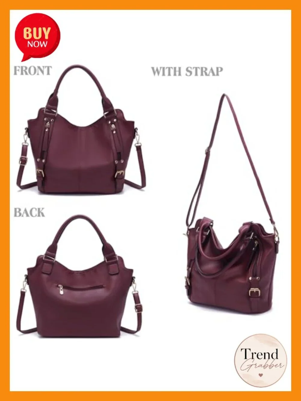 Large Hobo Crossbody Handbag Set 4pcs Total 9 Pockets Soft PU Leather